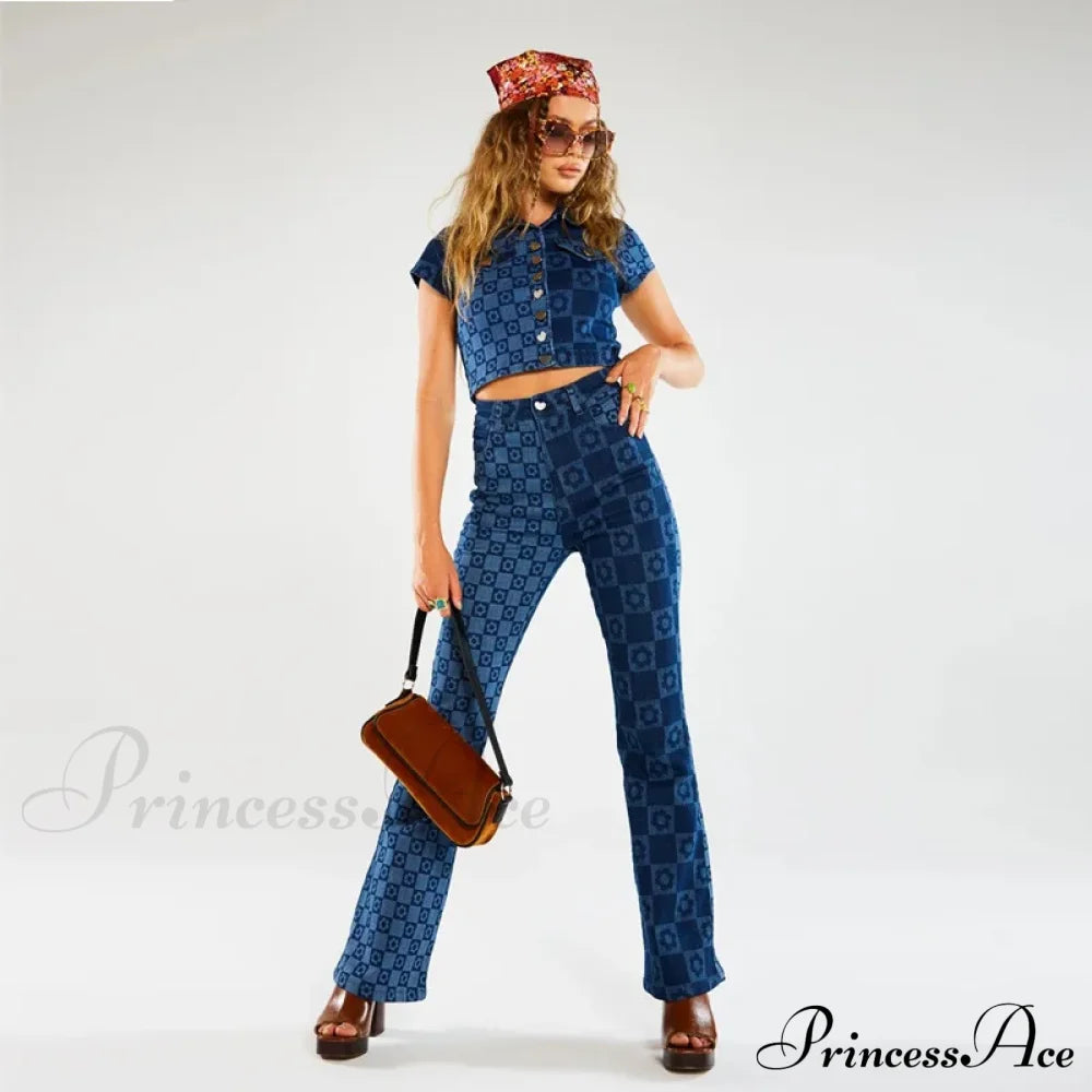 Stretch Fashion Print Women’s High Waist Flare Women Long Summer Casual Streetwear Denim Pant Jean