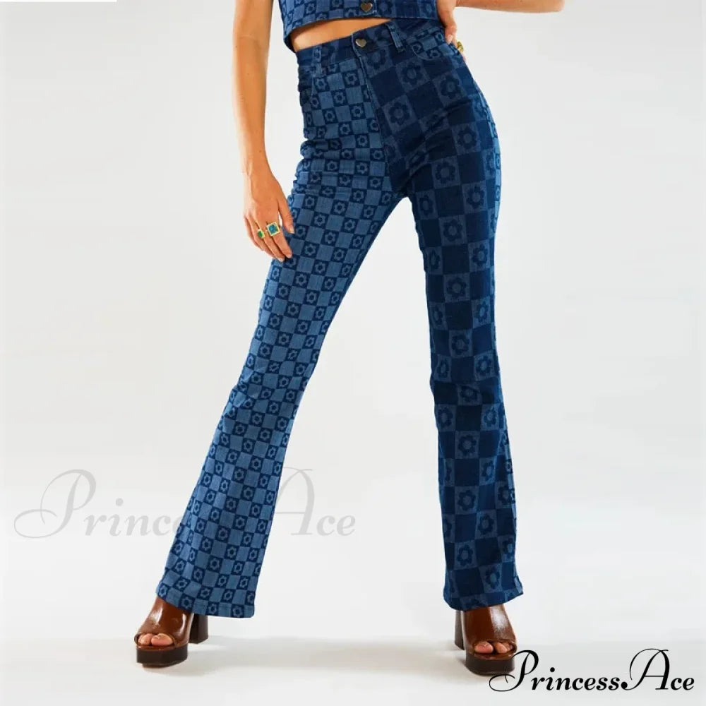 Stretch Fashion Print Women’s High Waist Flare Women Long Summer Casual Streetwear Denim Pant