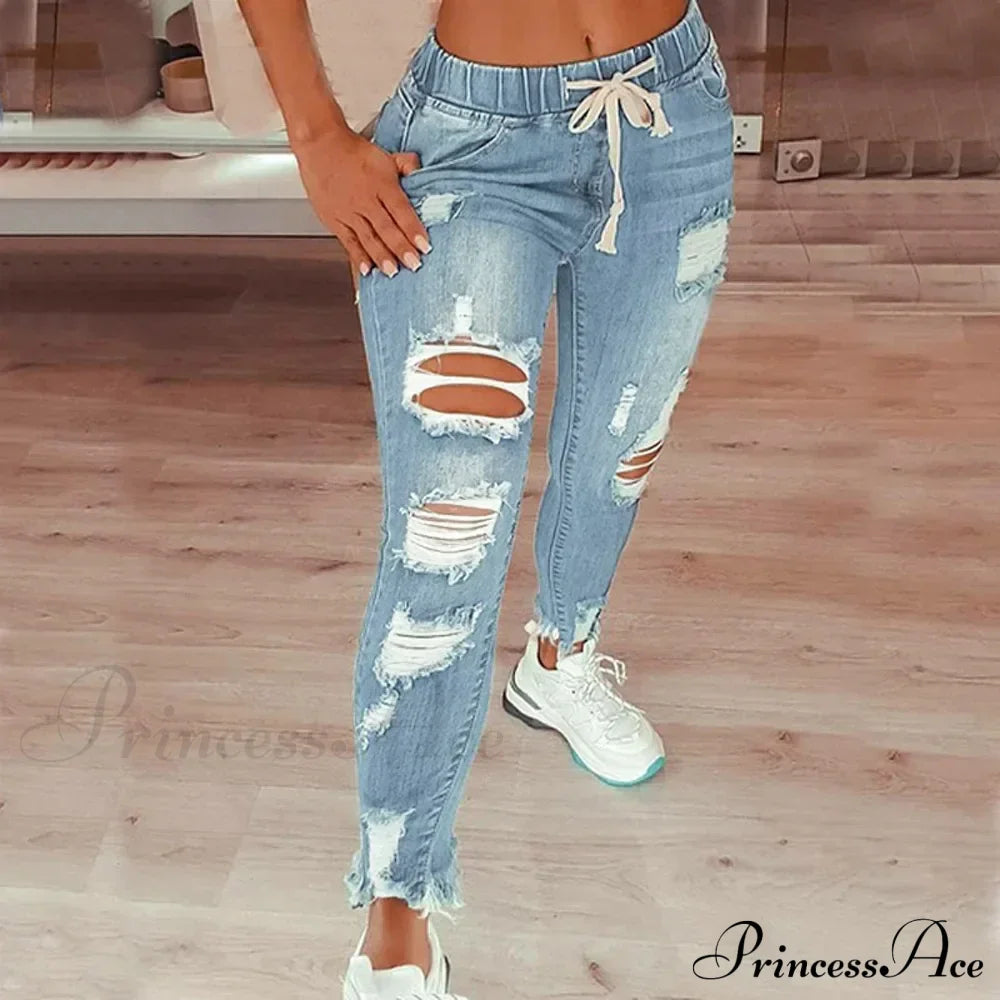 Stretch High Waist Ripped Washed Slim Skinny Pencil Denim Jean Blue / S