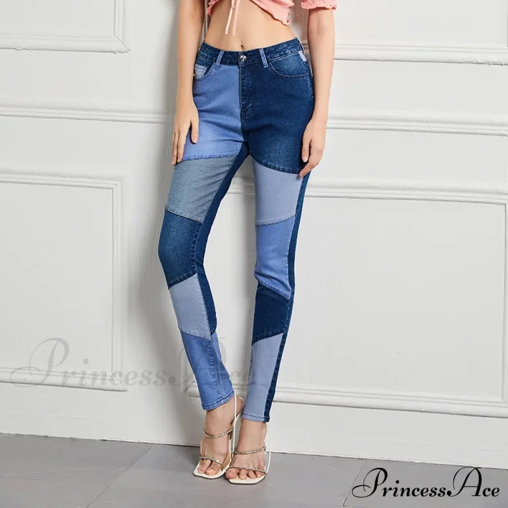 Stretch Patchwork Slim Fashion Vintage Streetwear Denim Jean Blue / S