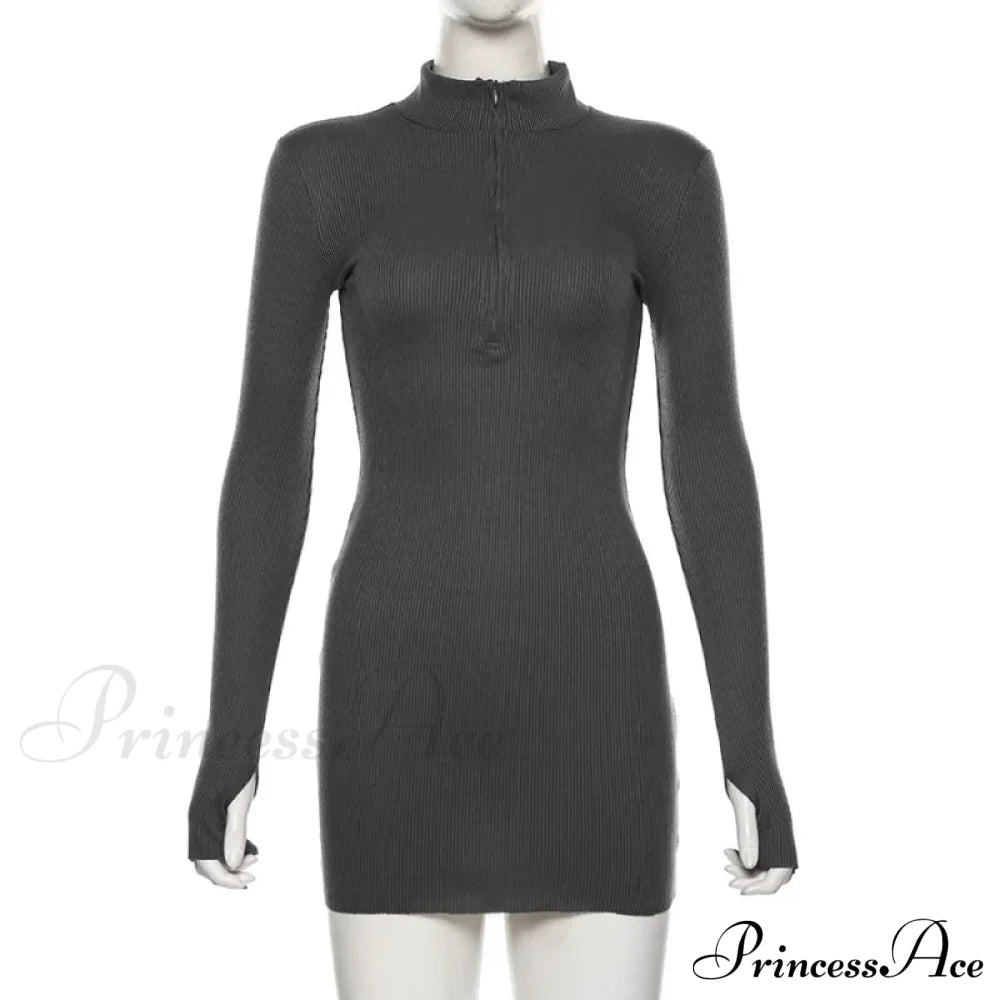 Stretch Ribbed Knitted Turtleneck Mini Dress