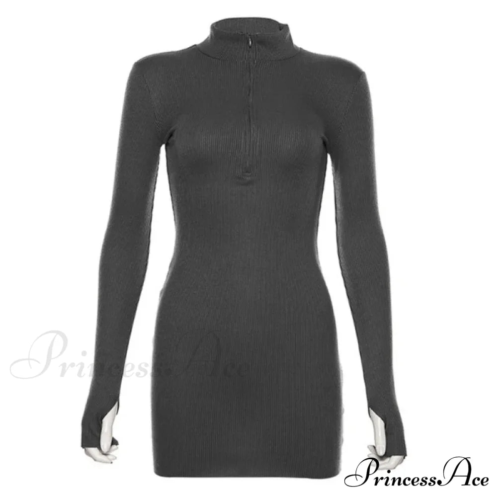 Stretch Ribbed Knitted Turtleneck Mini Dress Gray / S