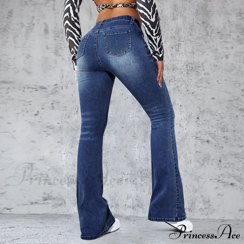 Stretch Slim Retro High Waist Stitched Washed Bell-Bottom Denim Jean