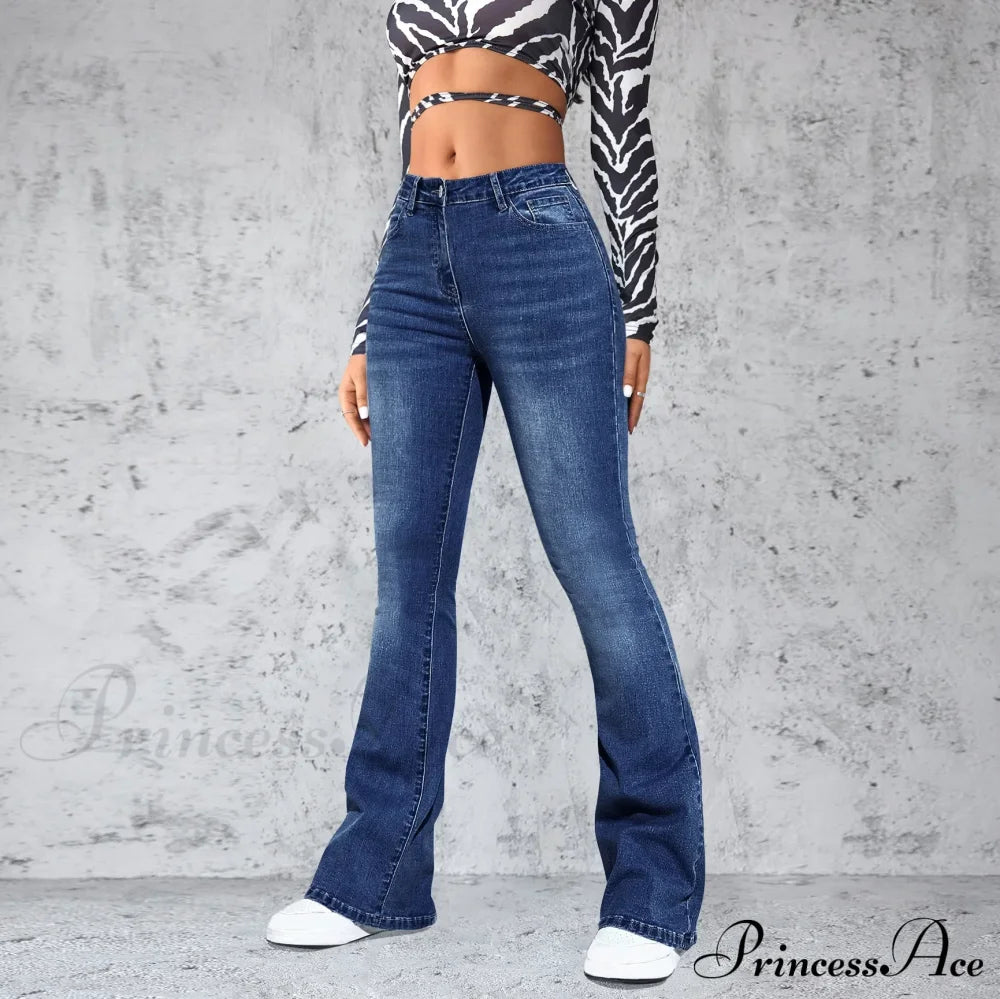 Stretch Slim Retro High Waist Stitched Washed Bell-Bottom Denim Jean