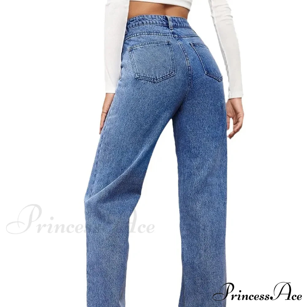 Stretch Straight-Leg Denim Trousers Women Loose Straight Washed Pants Fashion 2024 Fall Winter New