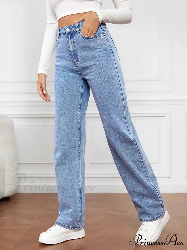 Stretch Straight-Leg Denim Trousers Women Loose Straight Washed Pants Fashion 2024 Fall Winter New