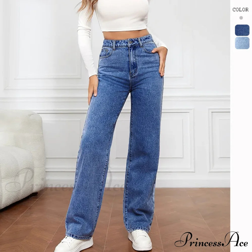 Stretch Straight-Leg Denim Trousers Women Loose Straight Washed Pants Fashion 2024 Fall Winter New