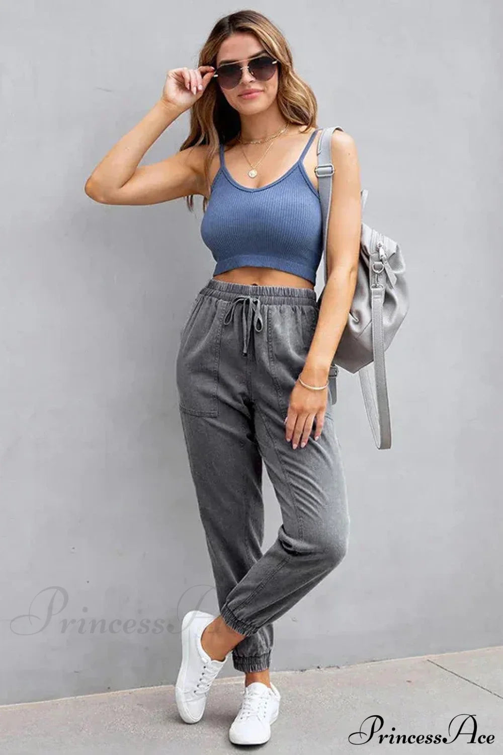 Stretch Women High Waist Wide Leg Casual Fashion Pocket Drawstring Clothing Mom Jean