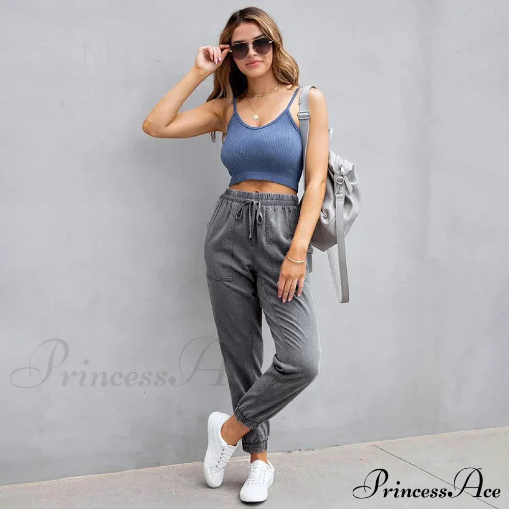 Stretch Women High Waist Wide Leg Casual Fashion Pocket Drawstring Clothing Mom Jean