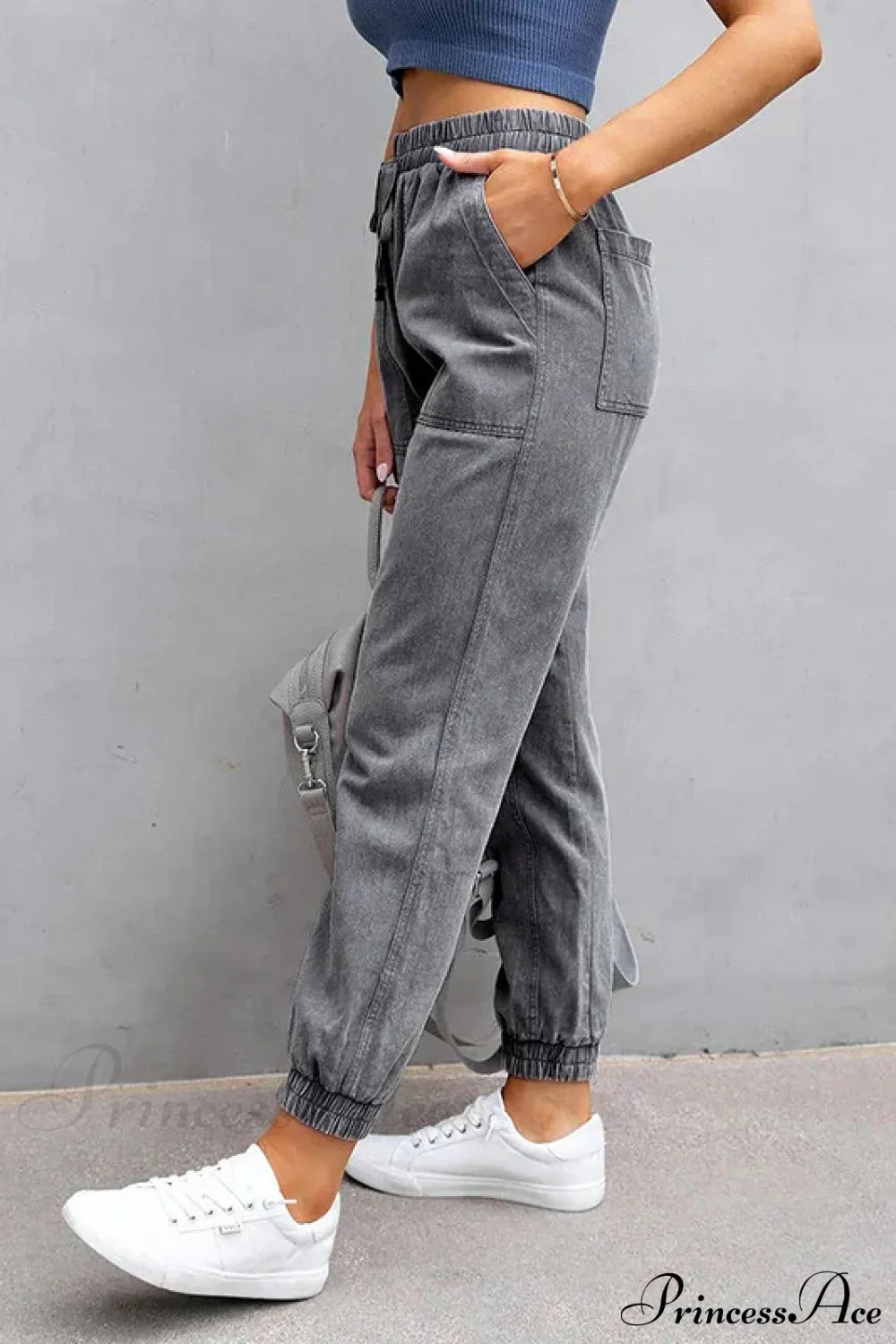 Stretch Women High Waist Wide Leg Casual Fashion Pocket Drawstring Clothing Mom Jean