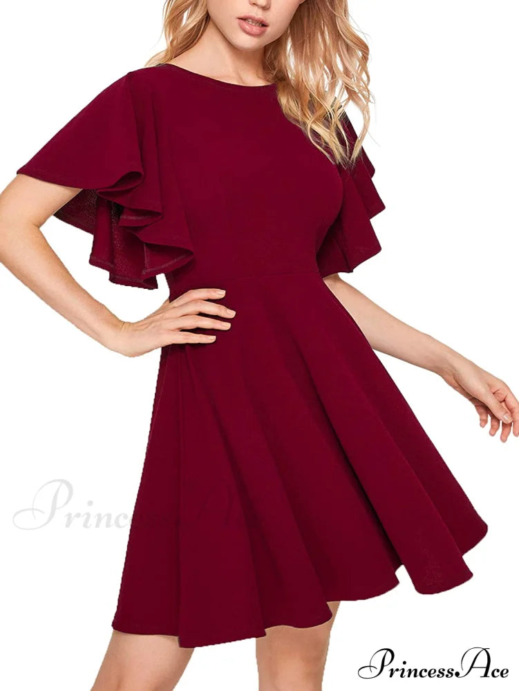 Stretchy Line Swing Flared Skater Christmas Dress Burgundy / X-Small