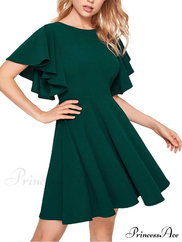 Stretchy Line Swing Flared Skater Christmas Dress Dark Green / Medium