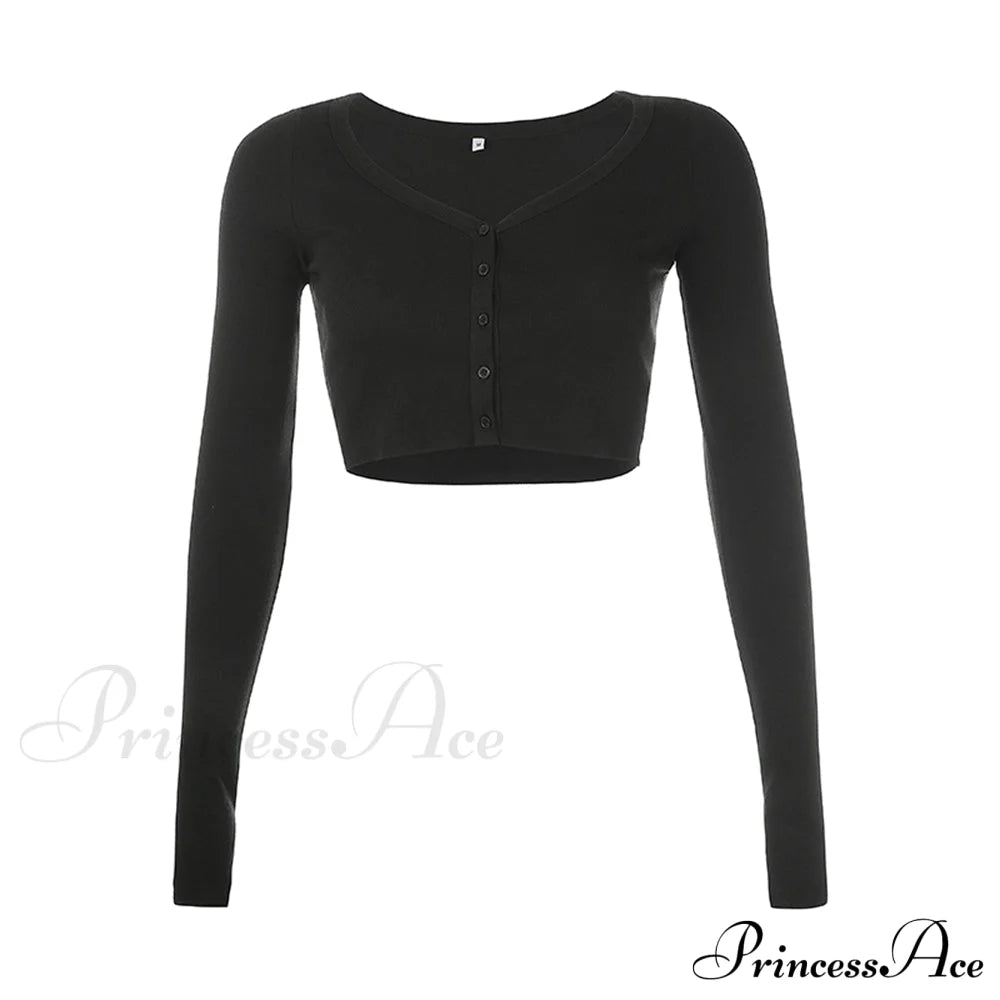 Stretchy Long Sleeve Crop Tops Cardigan Black / S