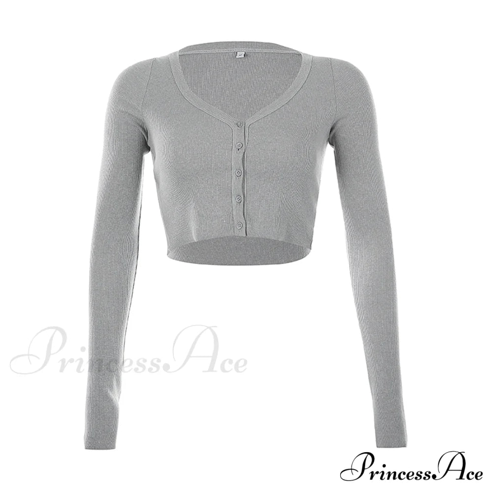 Stretchy Long Sleeve Crop Tops Cardigan Gray / S