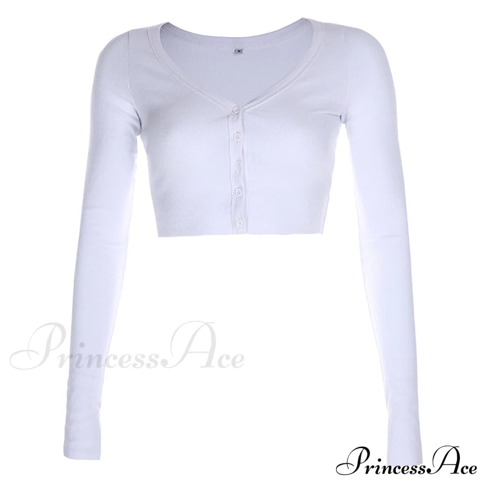 Stretchy Long Sleeve Crop Tops Cardigan White / S