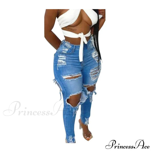 Stretchy Ripped High Waisted Women Skinny Autumn Winter Female Denim Jean Blue / S