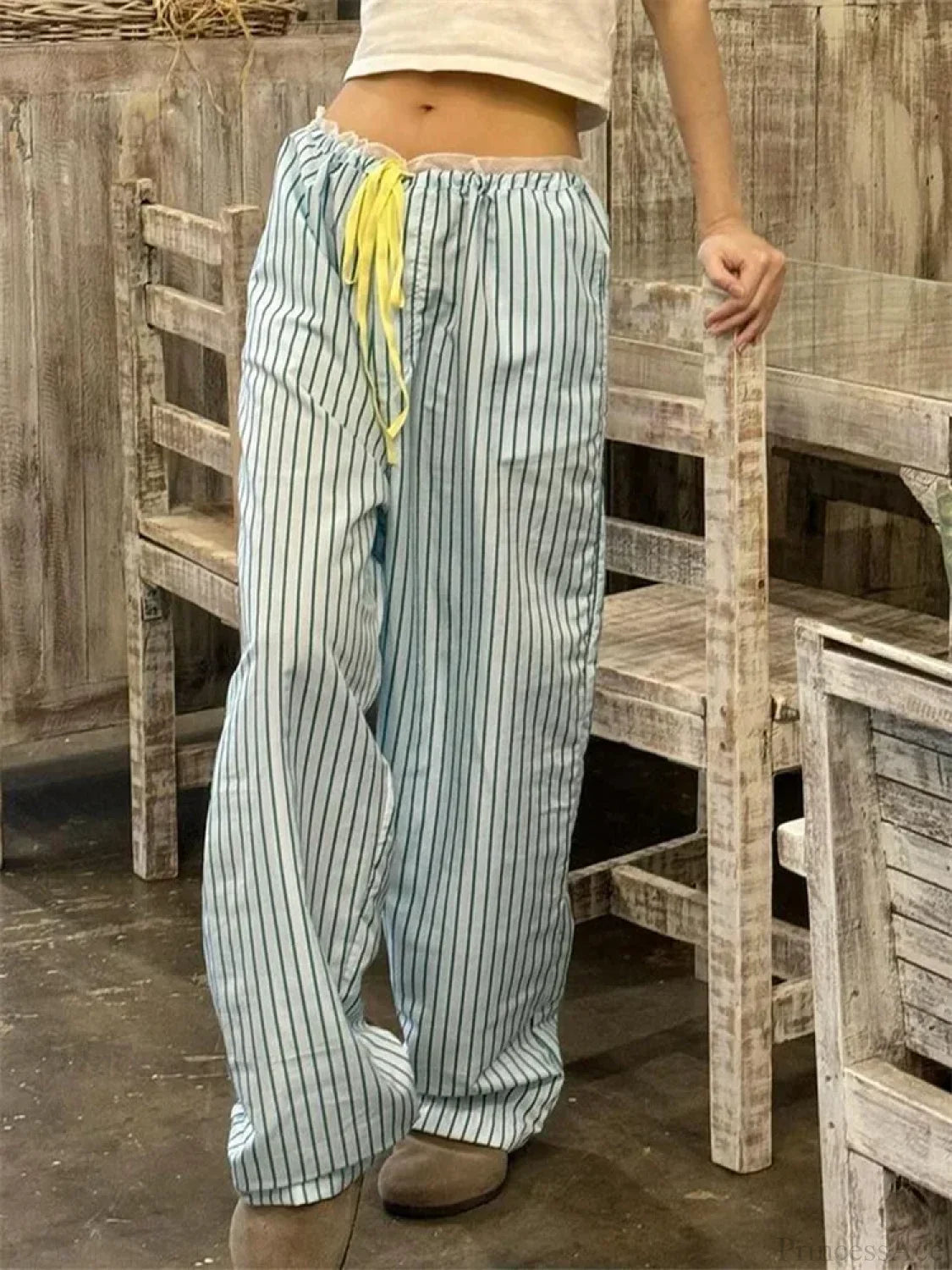 Stripe Drawstring Wide Leg Casual Sweatpant Pant Light Green / S pant-250223