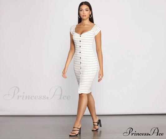 Stripe It Down Ribbed Button Down Midi Dress - Lady Occasions