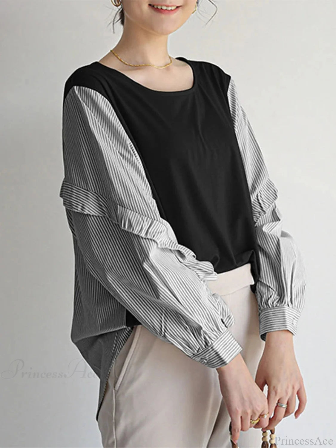 Stripe Patchwork Ruffled Casual Blouse blouse-250126