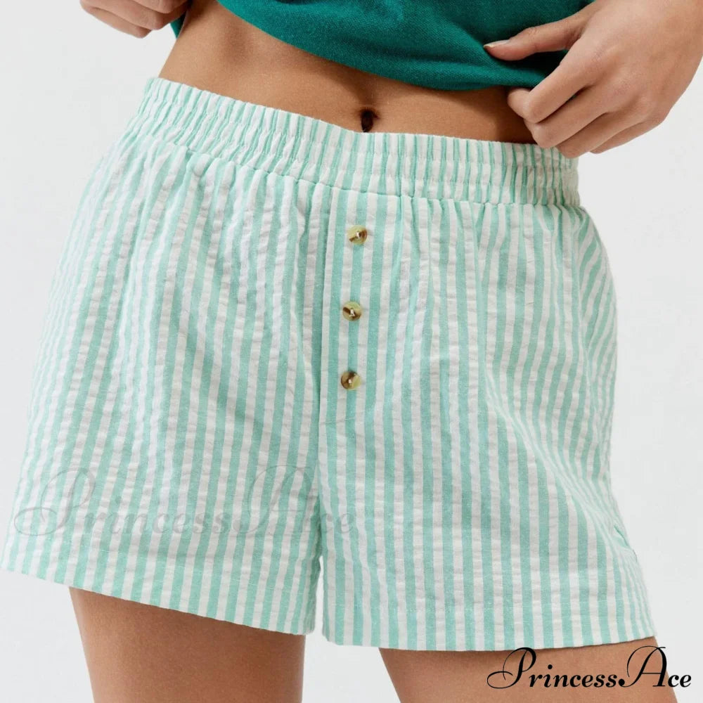 Stripe Print Pajama Boxer Elastic Waist Button Decor Straight Leg Sleeping Pants Short Green / S