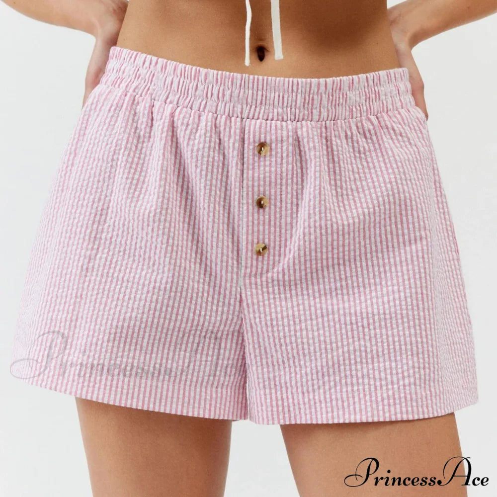 Stripe Print Pajama Boxer Elastic Waist Button Decor Straight Leg Sleeping Pants Short Pink / S