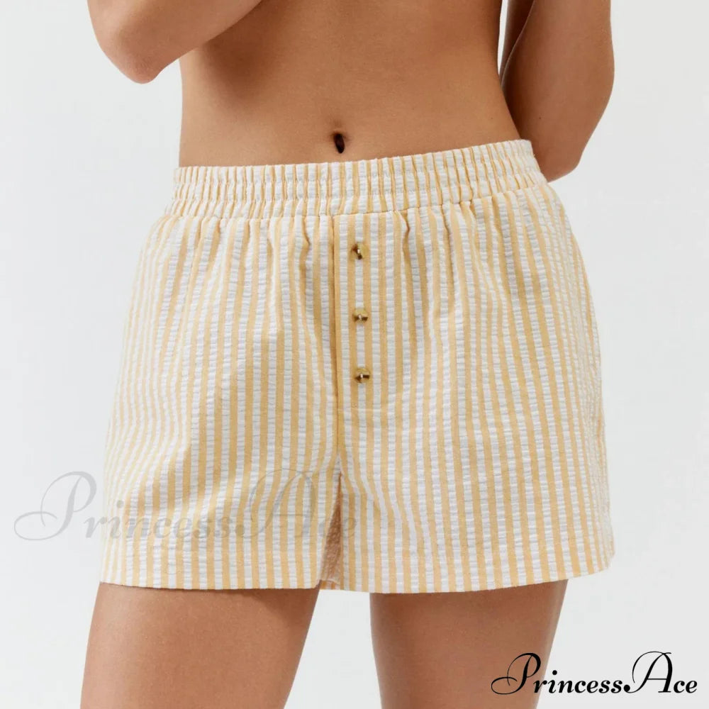 Stripe Print Pajama Boxer Elastic Waist Button Decor Straight Leg Sleeping Pants Short Yellow / S