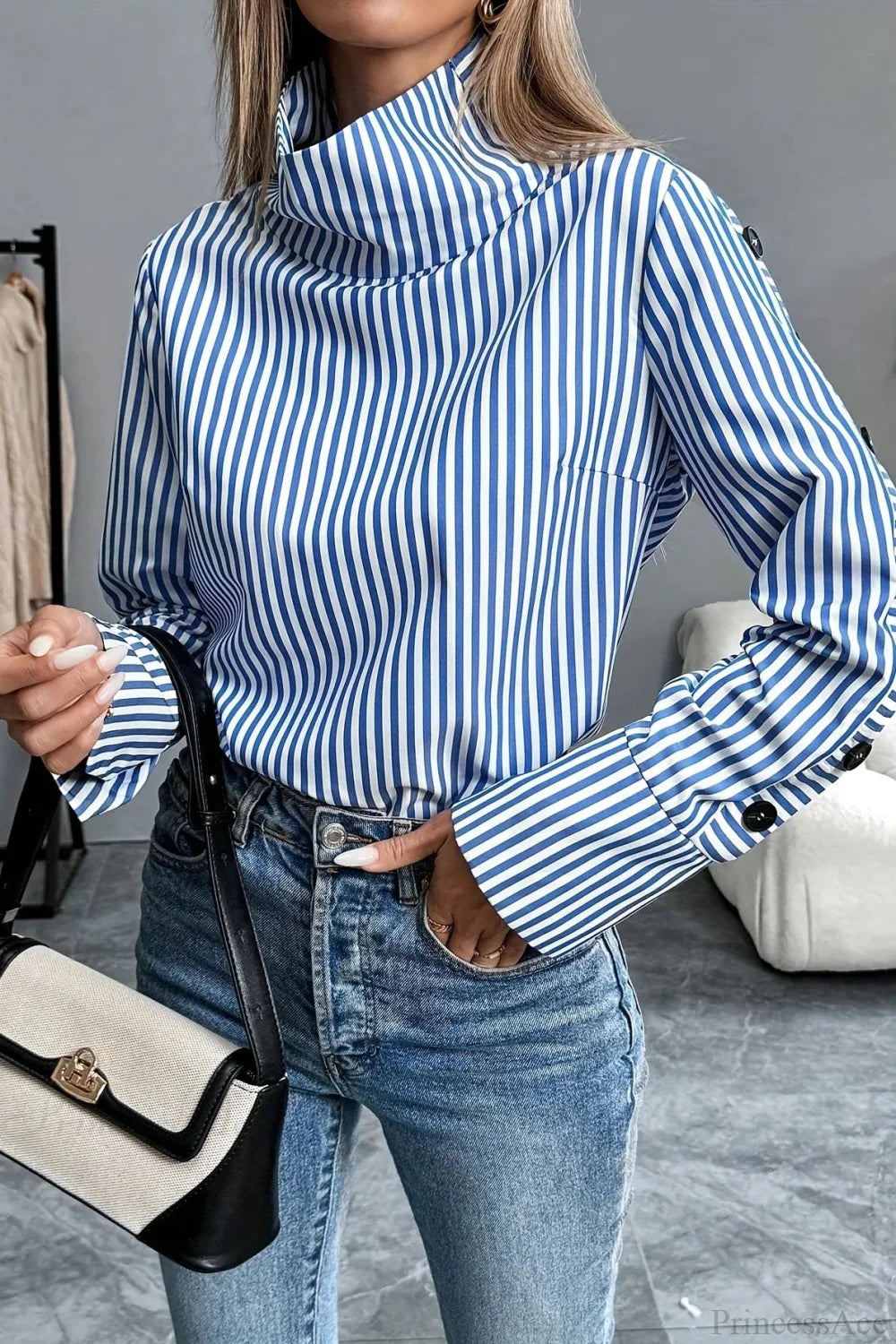 Stripe Spliced Button Pullover Blouse blouse-250126