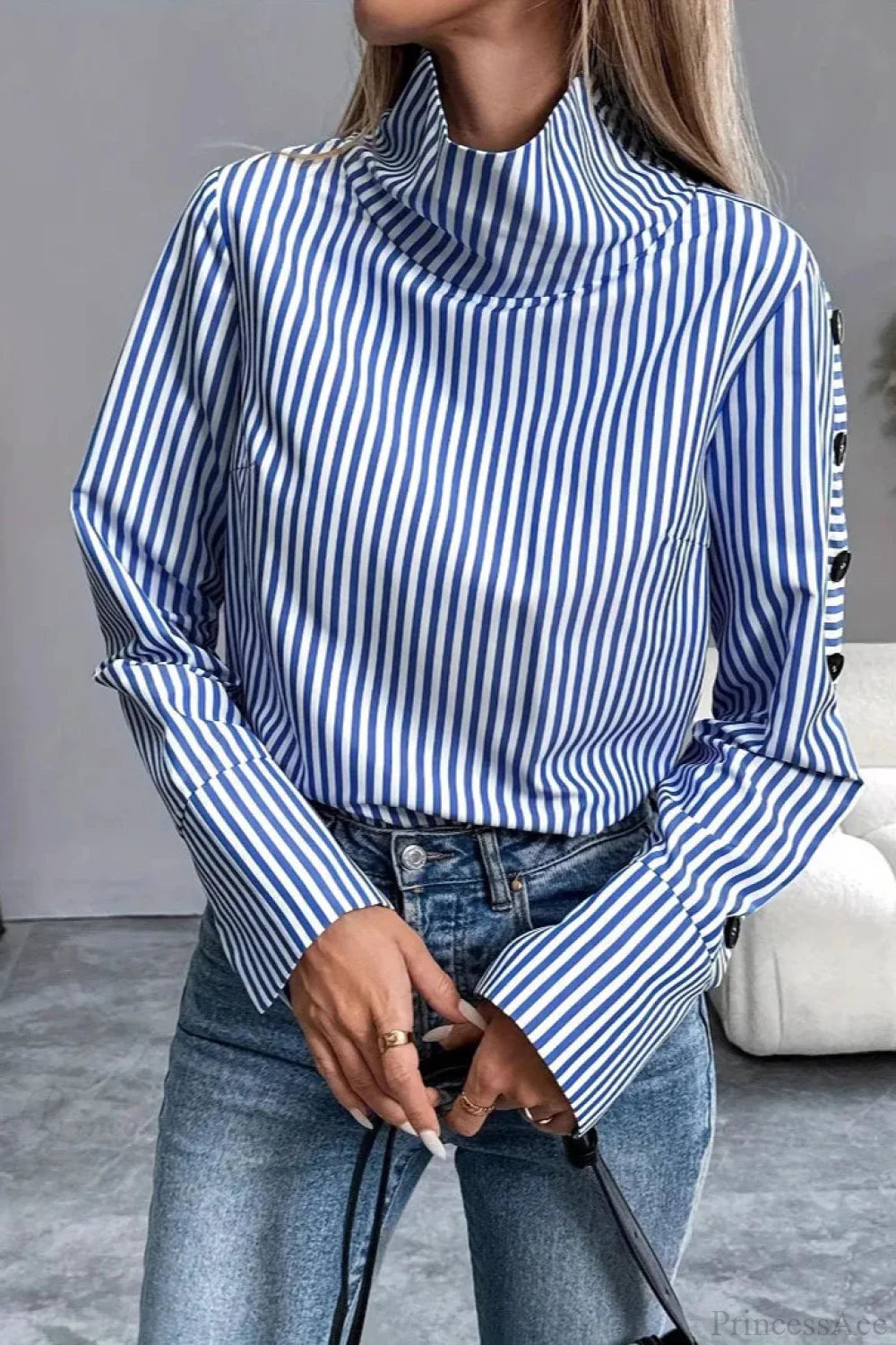 Stripe Spliced Button Pullover Blouse blouse-250126