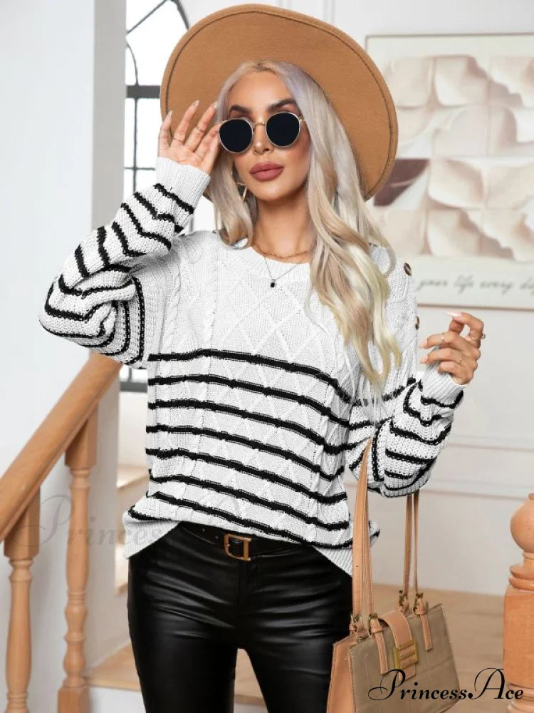 Women's Casual Button Striped Long Sleeve Pullover Sweater Cracker khaki clothes long sleeve shirt long sleeve shirts long sleeve top long sleeve tops Sweater sweaters