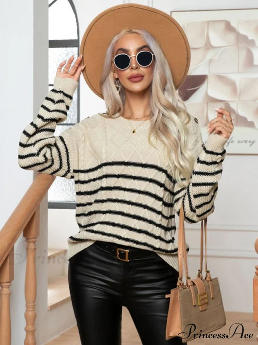 Women's Casual Button Striped Long Sleeve Pullover Sweater White clothes long sleeve shirt long sleeve shirts long sleeve top long sleeve tops Sweater sweaters