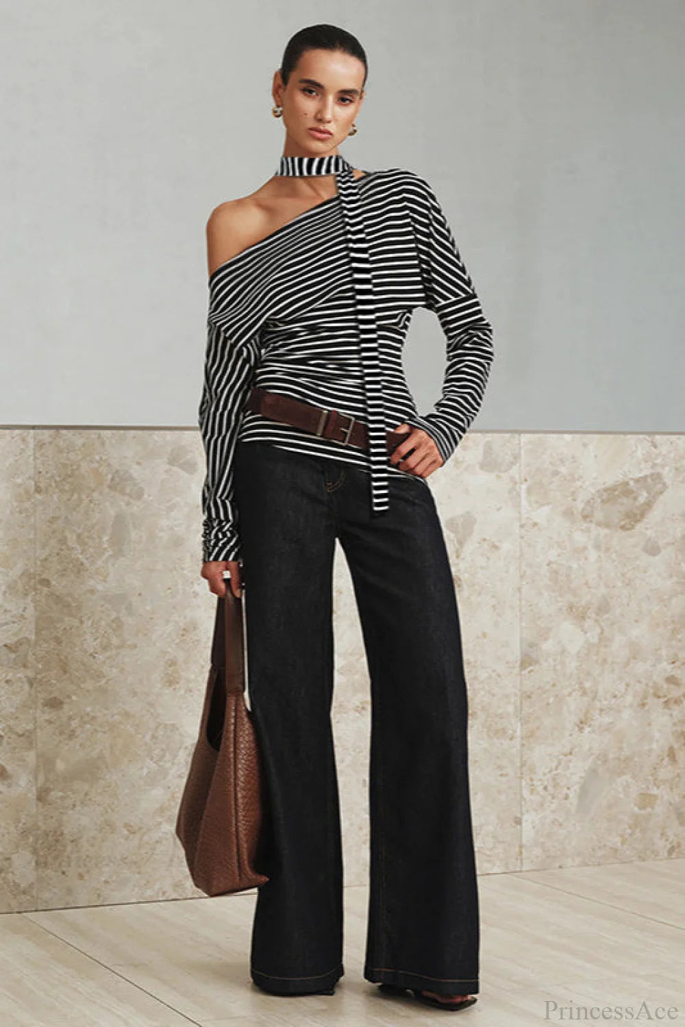 Striped Asymmetrical Shoulder Long Sleeve Tee