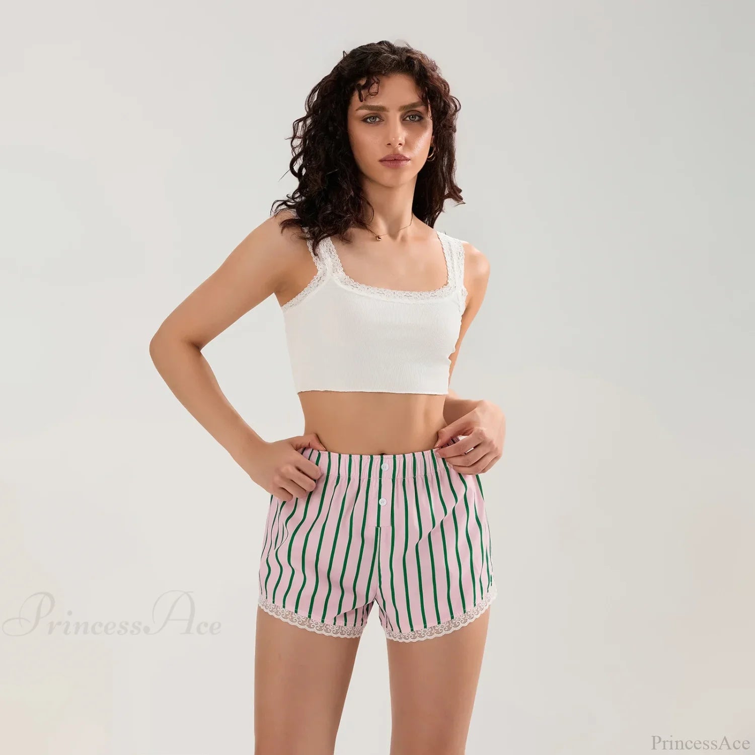 Striped Button Lace Trim Short short-250223