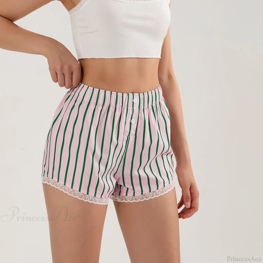 Striped Button Lace Trim Short short-250223