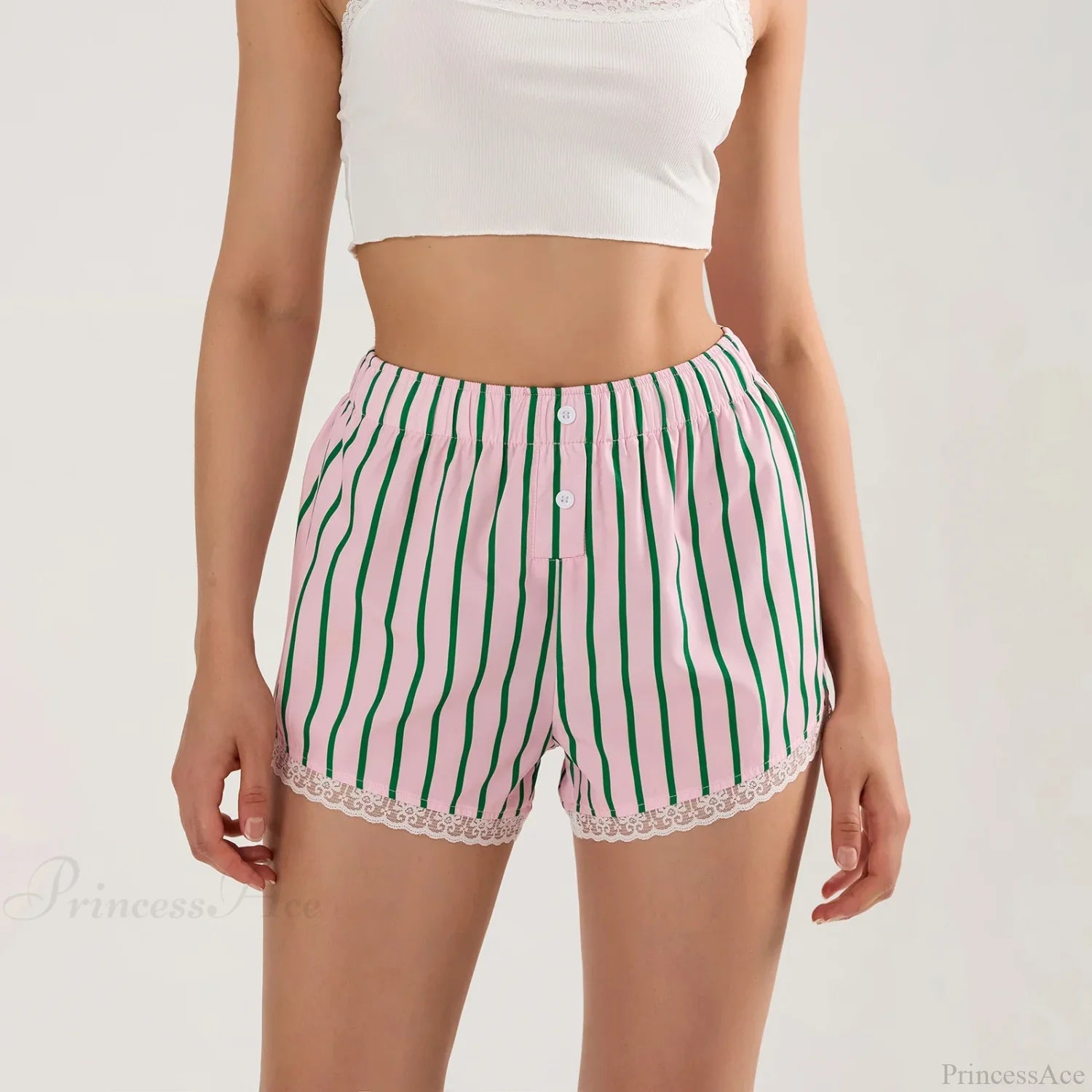 Striped Button Lace Trim Short Pink / S short-250223