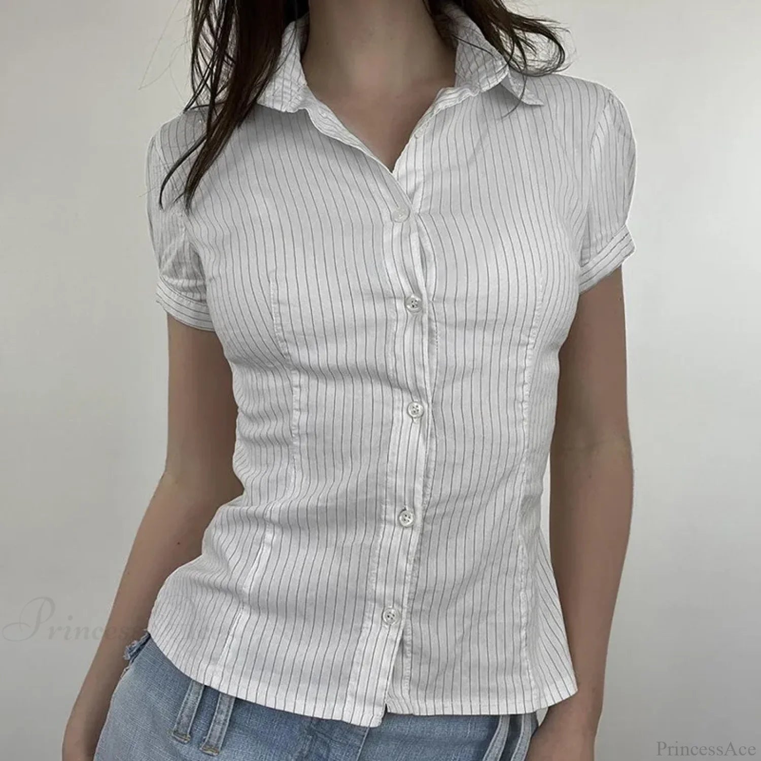 Striped Button-Up Collar Blouse white / S blouse-250126