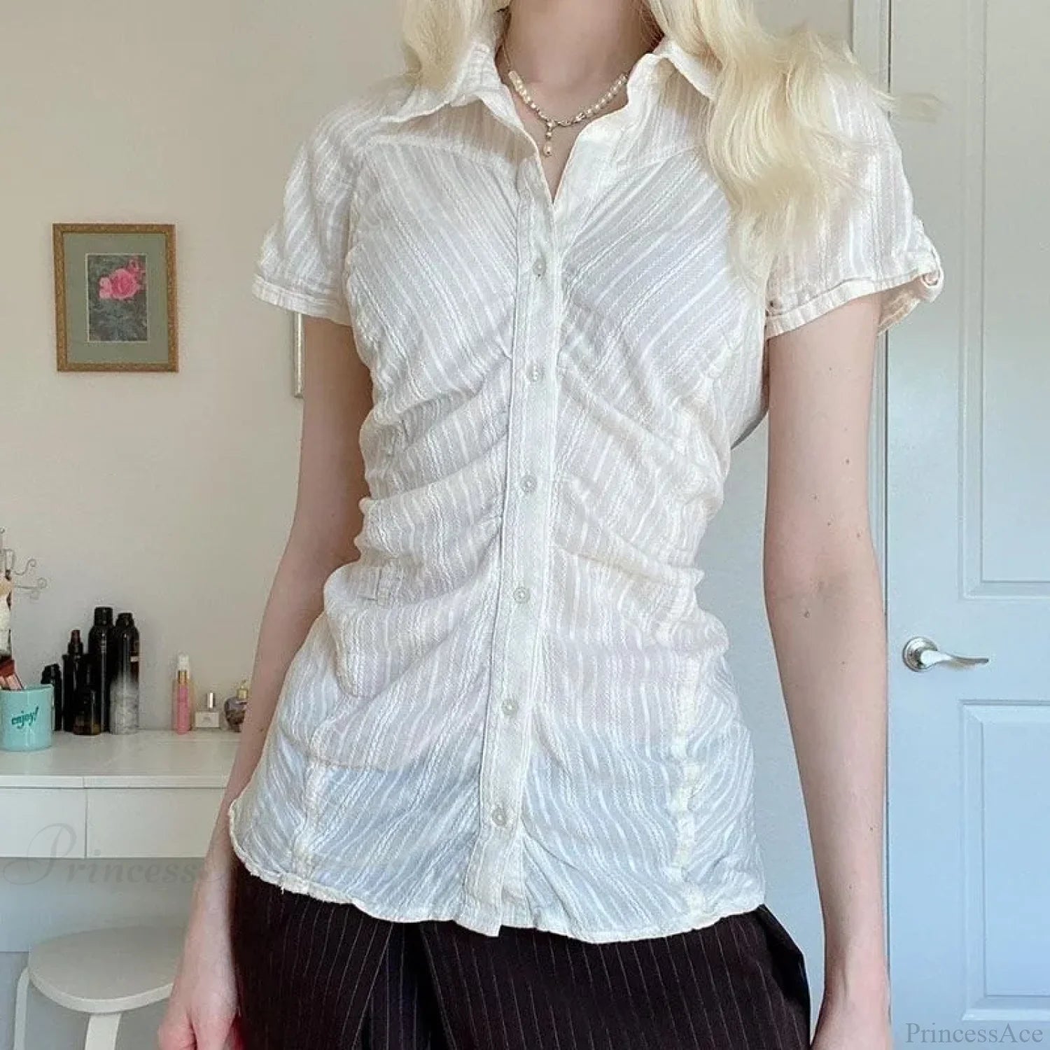 Striped Button-Up Collar Blouse white1 / S blouse-250126