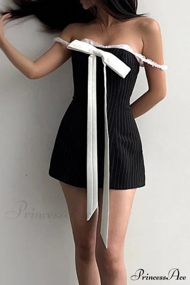 Striped Cami Dress With Lace Straps And Bow-Tie Black / M Mini Dresses