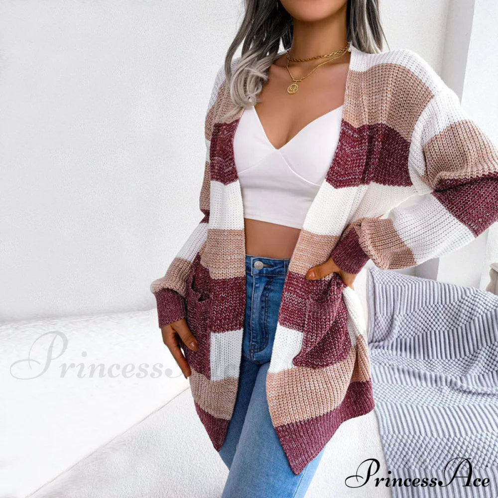 Casual Striped Cardigan Wine Red best Best Sellings cardigan cardigans clothes Sale tops Topseller