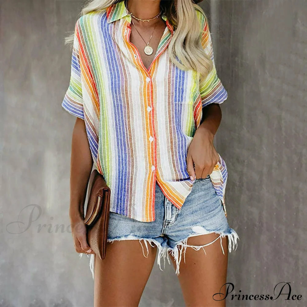 Colorful Striped Casual Blouse Multicolor best Best Sellings clothes Plus Size Sale tops Topseller