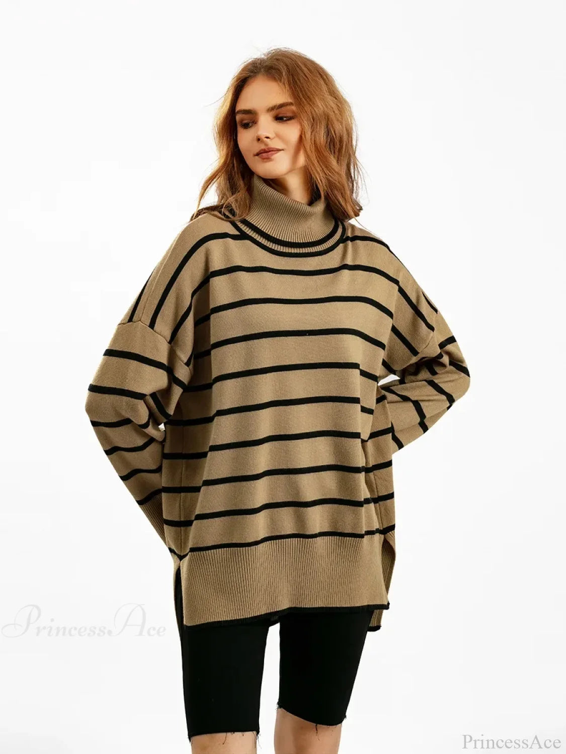 Striped Casual Thick Black Sweater khaki / One Size