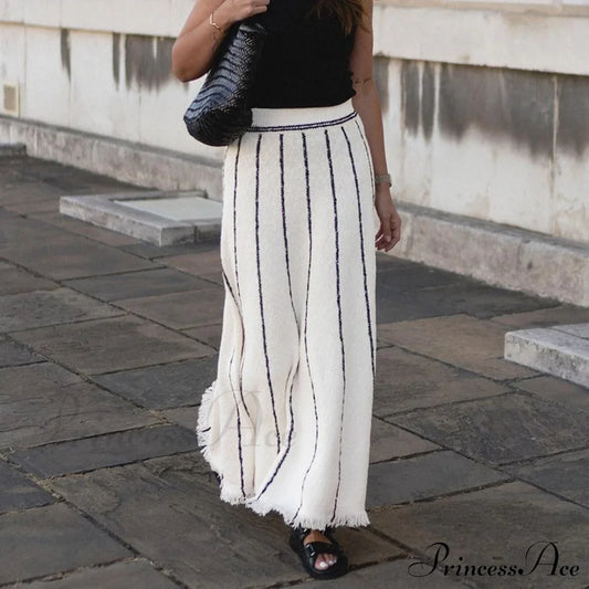 Striped Casual Vintage Elastic Waist Tassel Skirt