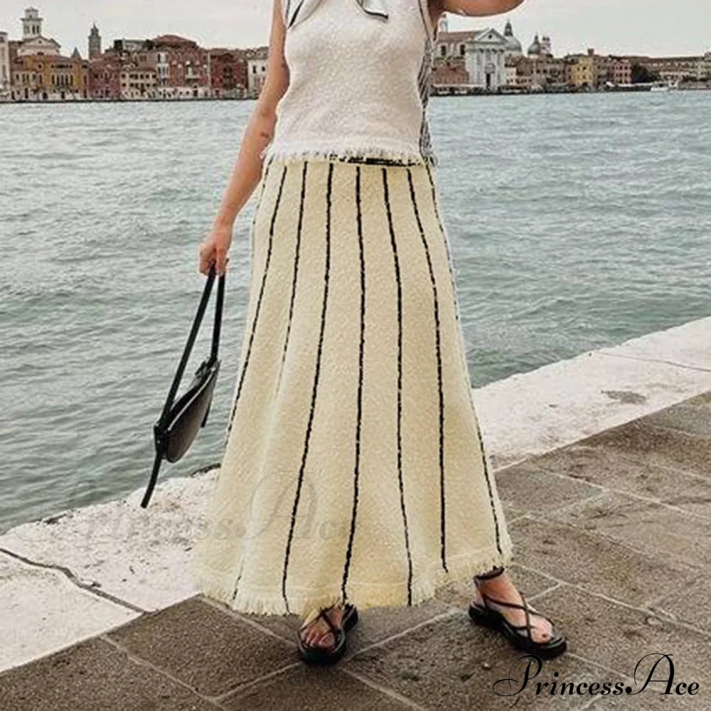 Striped Casual Vintage Elastic Waist Tassel Skirt