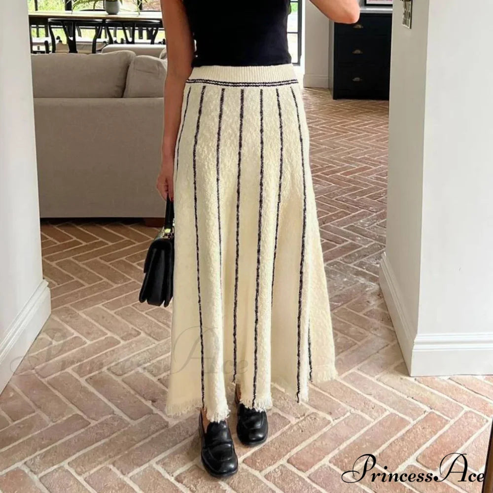 Striped Casual Vintage Elastic Waist Tassel Skirt Beige / S