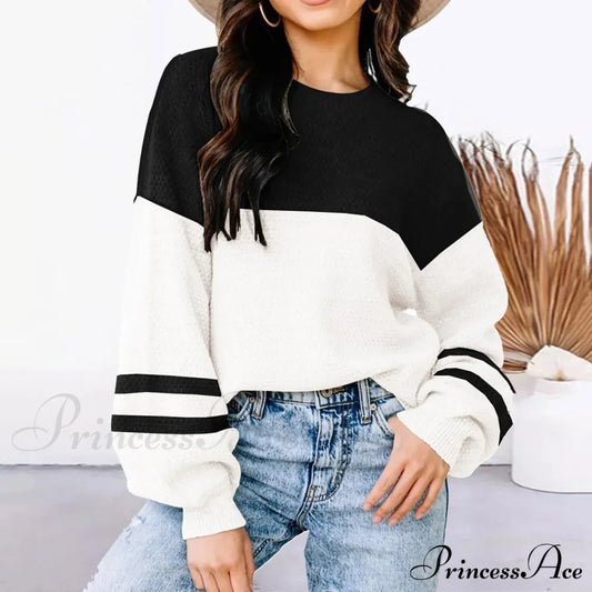 Striped Cozy Casual Knitting Loose Long Sleeve Comfortable Stylish Autumnal Sweater White / S