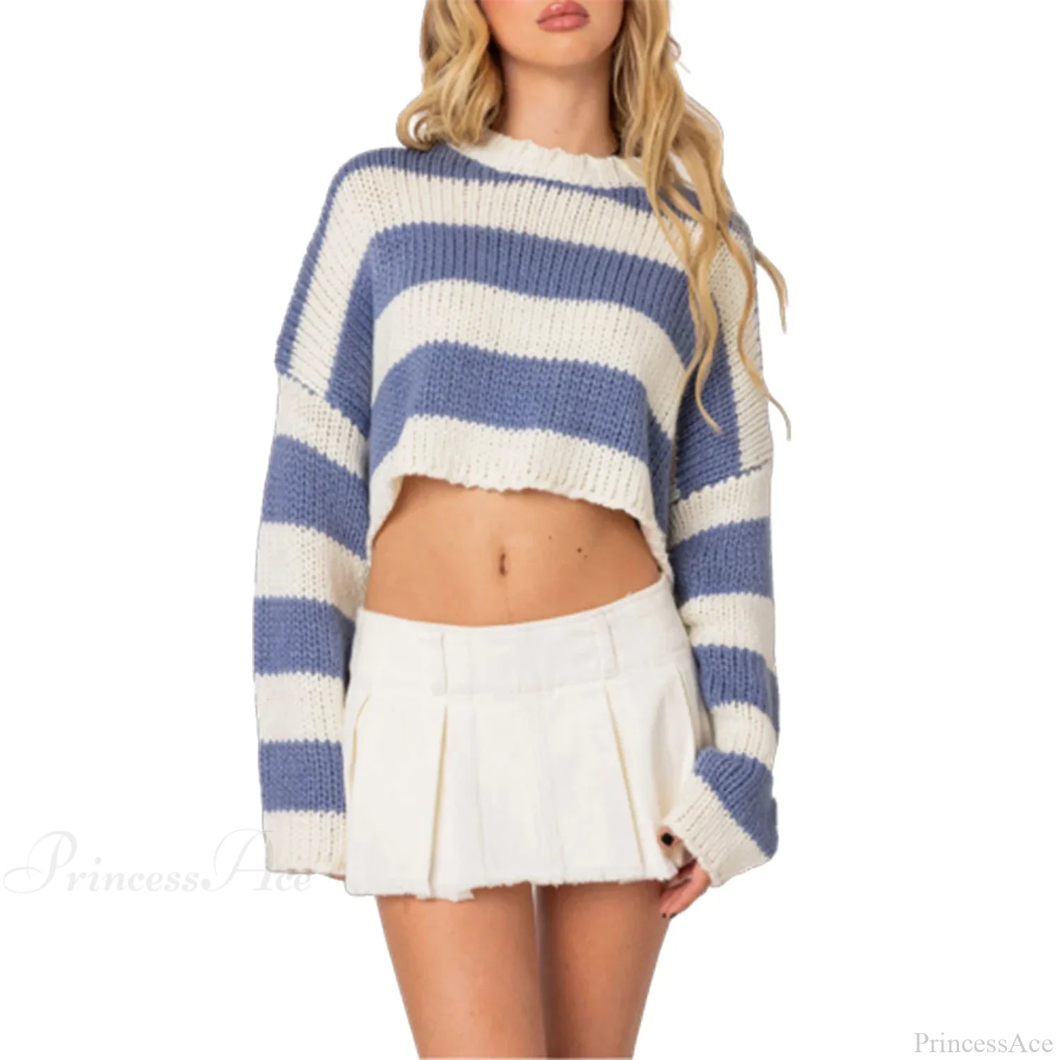 Striped Crew Neck Loose Sweater Blue / S