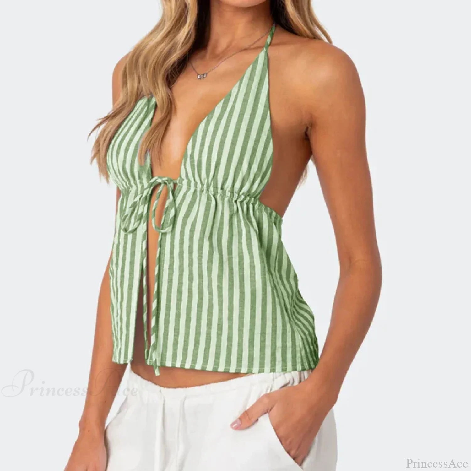 Striped Front Tie Halter Low Cut Crop Top Green / S croptop-250126