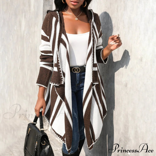 Casual Striped Hooded Cardigan Brown best Best Sellings cardigan cardigans clothes Sale tops Topseller