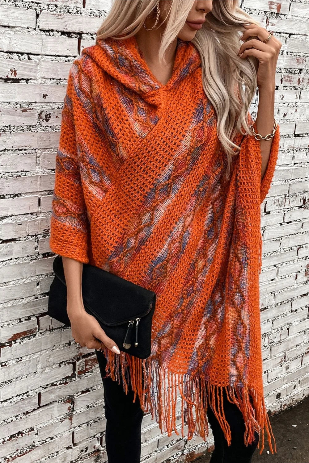 Striped Hooded Knit Tassel Relaxed Coat Red / One Size