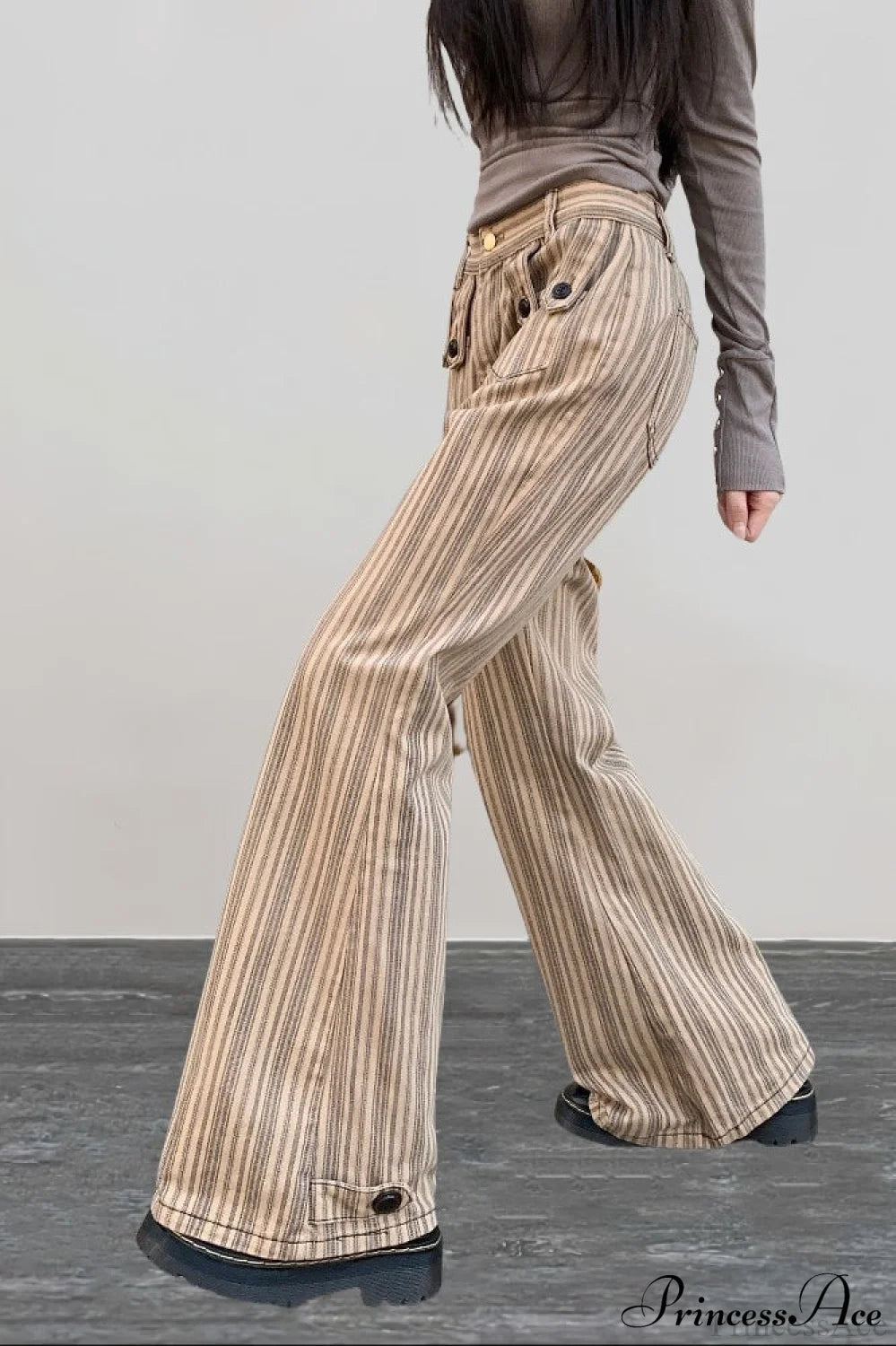 Striped Khaki Low Waist Slim Flared Jeans