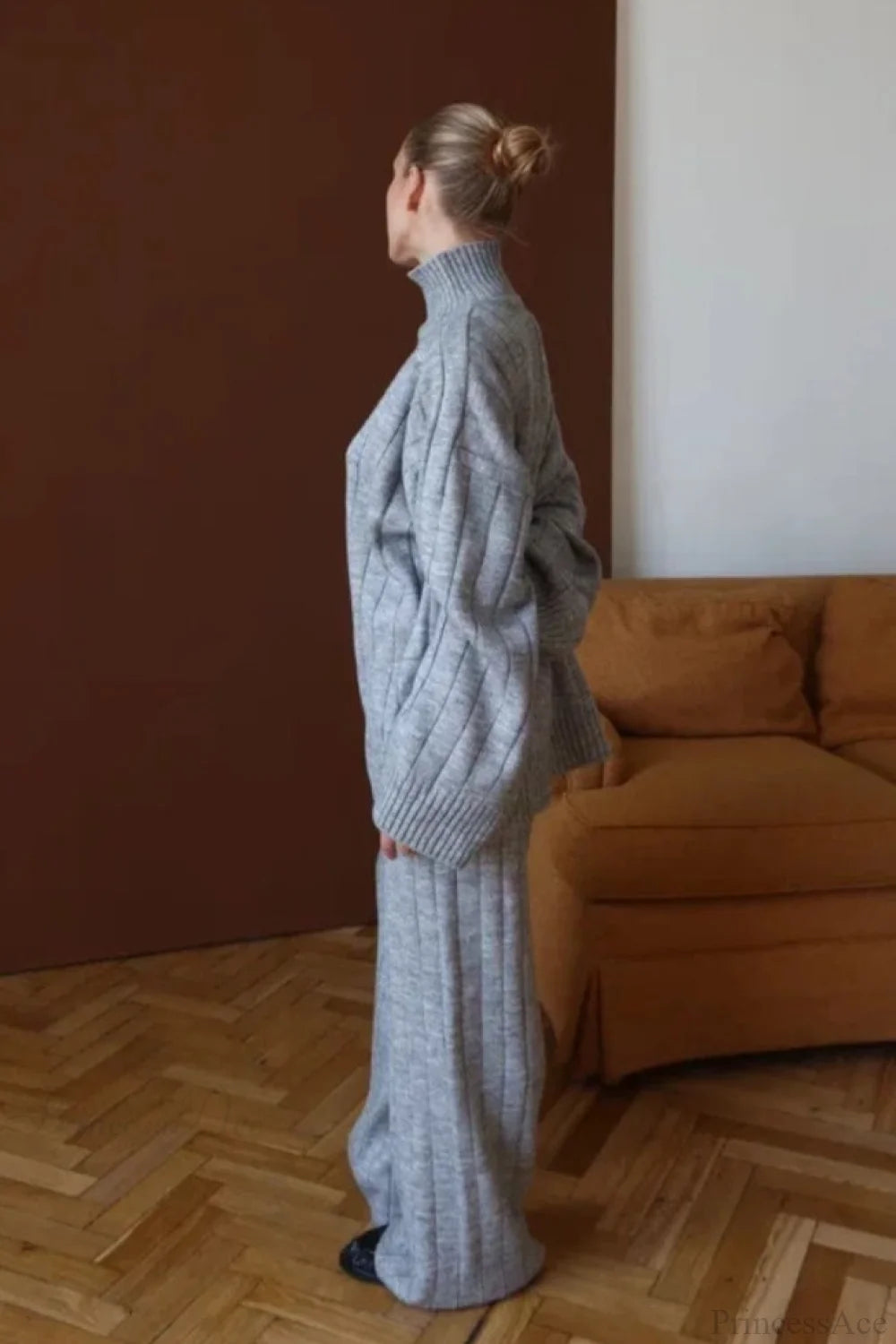 Striped Knit Elegant Sweater Wide-Leg Pants Two Piece Set